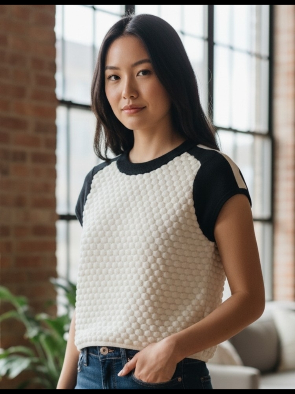 rag & bone Ivory and Black Textured Short Sleeve Pullover